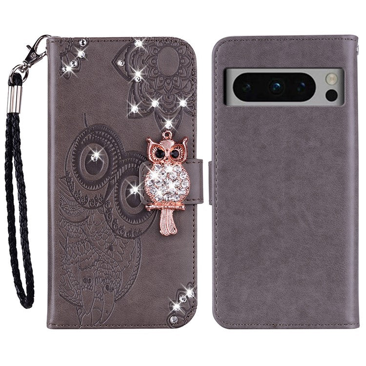 For Google Pixel 9 Pro XL Wallet Case Owl Flower Imprinted Rhinestone Leather Cover - Grey