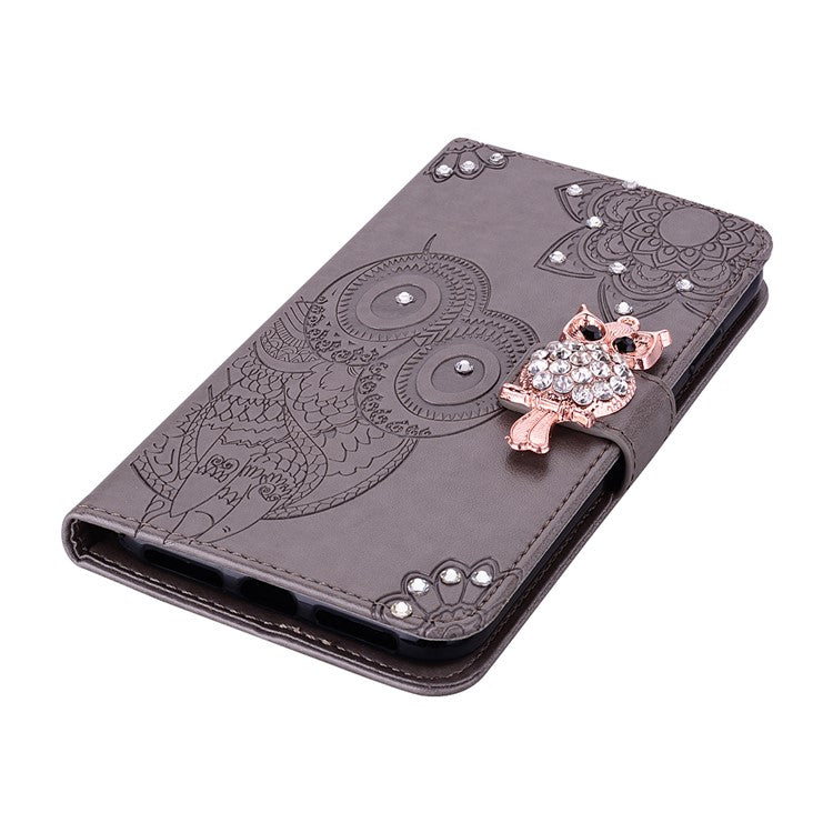 For Google Pixel 9 Pro XL Wallet Case Owl Flower Imprinted Rhinestone Leather Cover - Grey