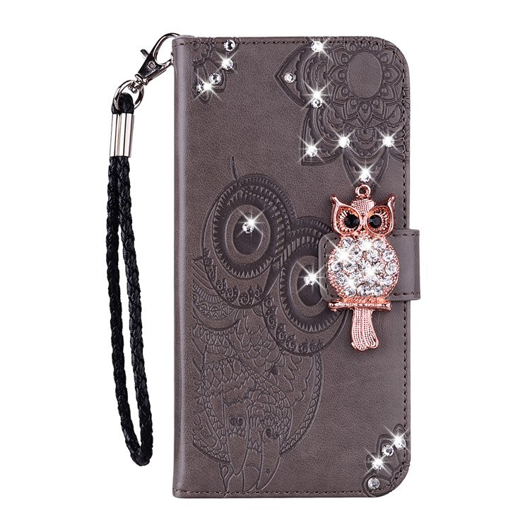 For Google Pixel 9 Pro XL Wallet Case Owl Flower Imprinted Rhinestone Leather Cover - Grey