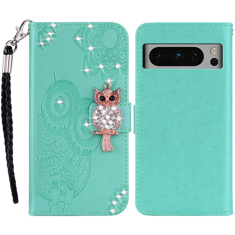 For Google Pixel 9 Pro XL Wallet Case Owl Flower Imprinted Rhinestone Leather Cover - Cyan