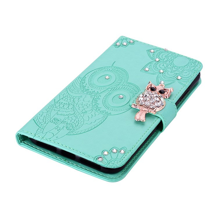 For Google Pixel 9 Pro XL Wallet Case Owl Flower Imprinted Rhinestone Leather Cover - Cyan