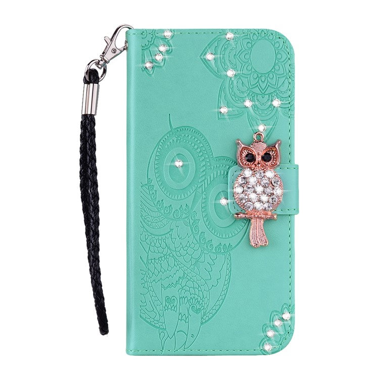 For Google Pixel 9 Pro XL Wallet Case Owl Flower Imprinted Rhinestone Leather Cover - Cyan