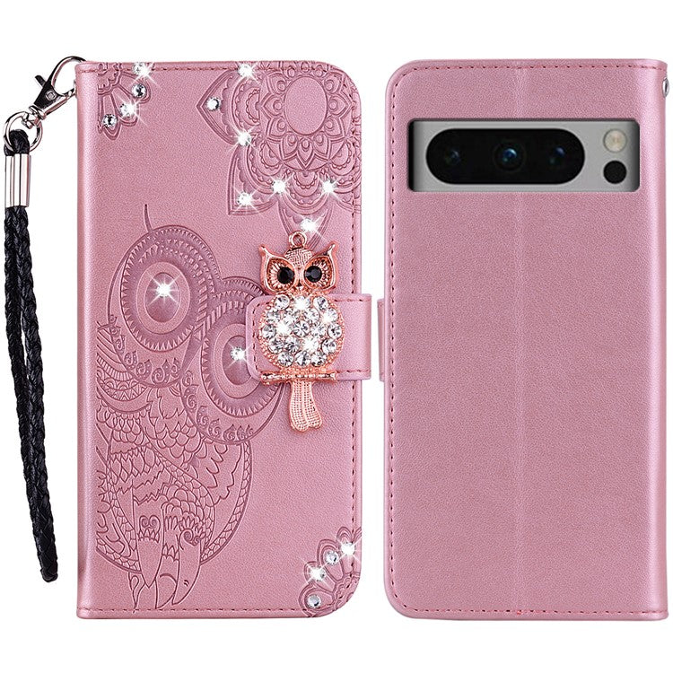 For Google Pixel 9 Pro XL Wallet Case Owl Flower Imprinted Rhinestone Leather Cover - Rose Gold