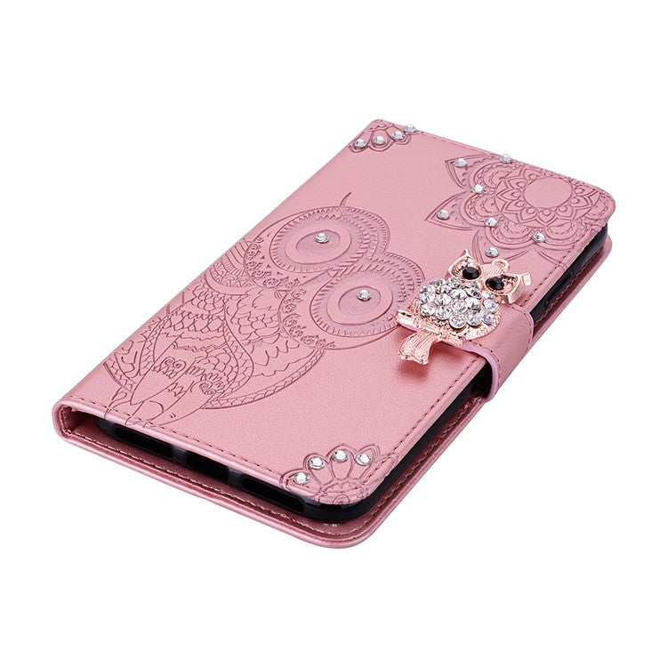 For Google Pixel 9 Pro XL Wallet Case Owl Flower Imprinted Rhinestone Leather Cover - Rose Gold