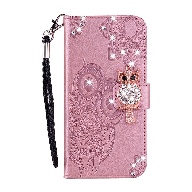 For Google Pixel 9 Pro XL Wallet Case Owl Flower Imprinted Rhinestone Leather Cover - Rose Gold