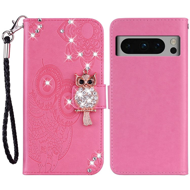 For Google Pixel 9 Pro XL Wallet Case Owl Flower Imprinted Rhinestone Leather Cover - Rose