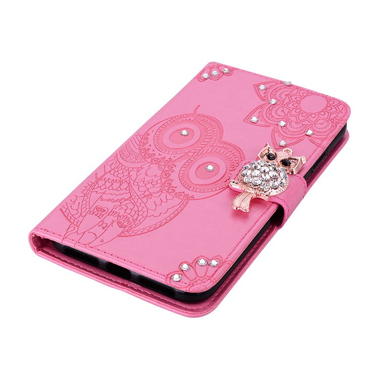 For Google Pixel 9 Pro XL Wallet Case Owl Flower Imprinted Rhinestone Leather Cover - Rose