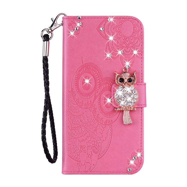 For Google Pixel 9 Pro XL Wallet Case Owl Flower Imprinted Rhinestone Leather Cover - Rose