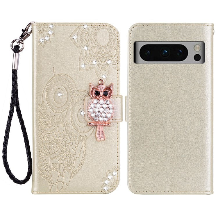 For Google Pixel 9 Pro XL Wallet Case Owl Flower Imprinted Rhinestone Leather Cover - Gold