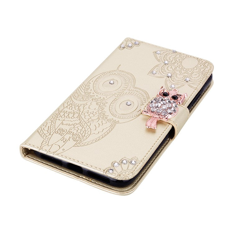 For Google Pixel 9 Pro XL Wallet Case Owl Flower Imprinted Rhinestone Leather Cover - Gold