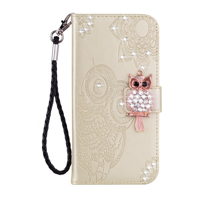 For Google Pixel 9 Pro XL Wallet Case Owl Flower Imprinted Rhinestone Leather Cover - Gold