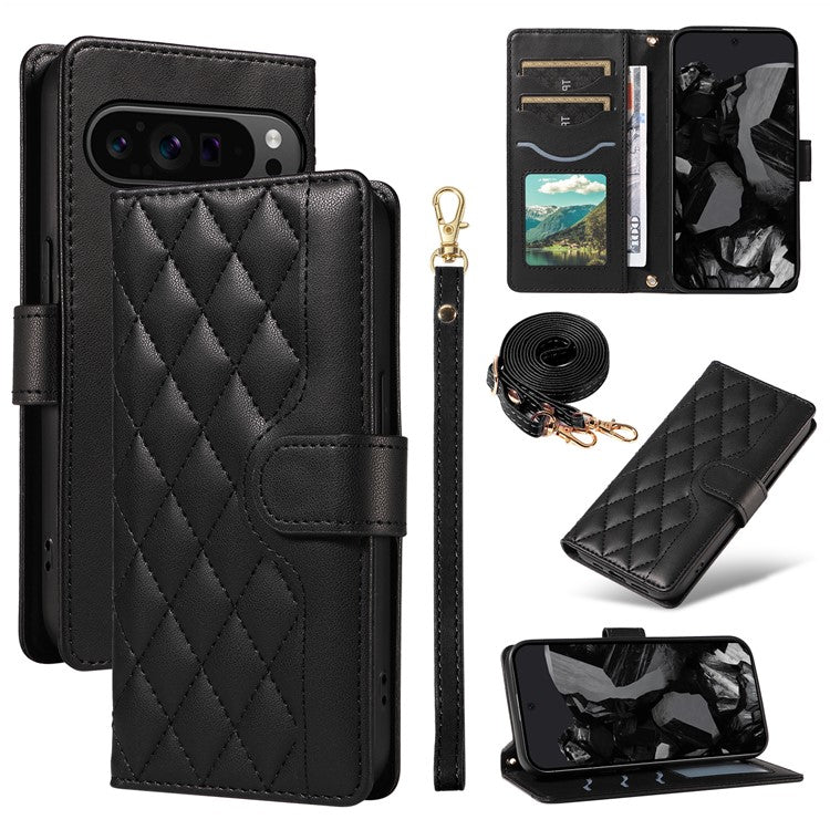 For Google Pixel 9 Pro XL Case Wallet Rhombus Leather Phone Cover with Shoulder Strap, Wrist Strap - Black