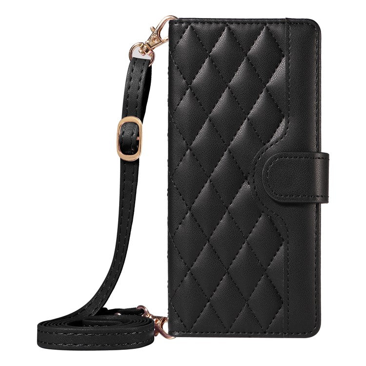 For Google Pixel 9 Pro XL Case Wallet Rhombus Leather Phone Cover with Shoulder Strap, Wrist Strap - Black