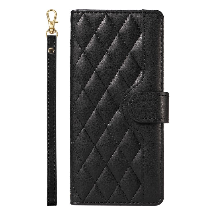 For Google Pixel 9 Pro XL Case Wallet Rhombus Leather Phone Cover with Shoulder Strap, Wrist Strap - Black