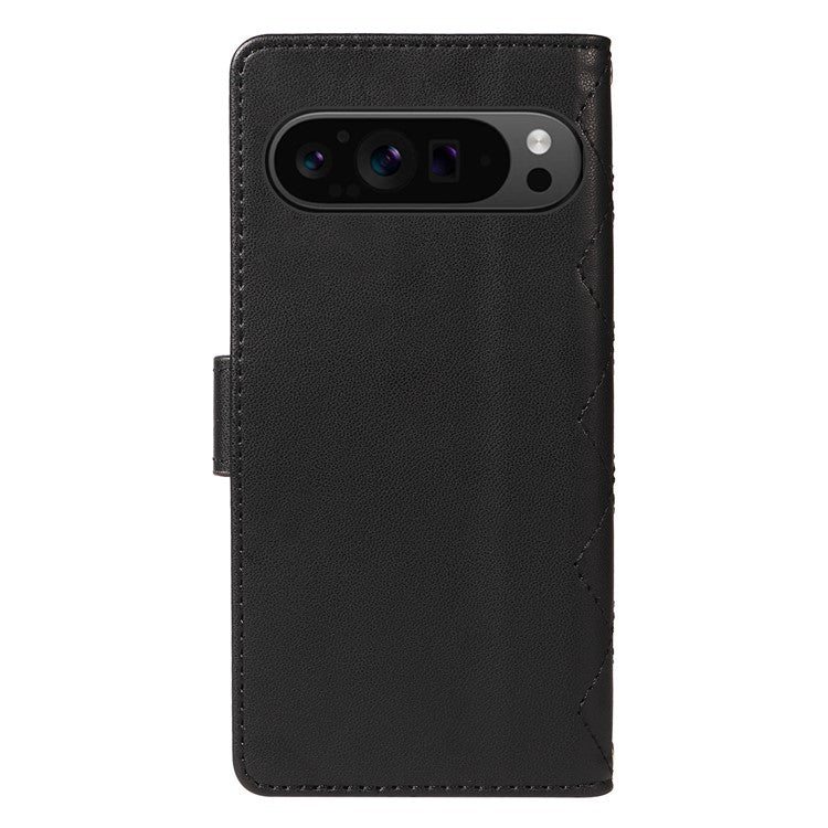 For Google Pixel 9 Pro XL Case Wallet Rhombus Leather Phone Cover with Shoulder Strap, Wrist Strap - Black