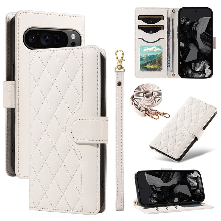 For Google Pixel 9 Pro XL Case Wallet Rhombus Leather Phone Cover with Shoulder Strap, Wrist Strap - White