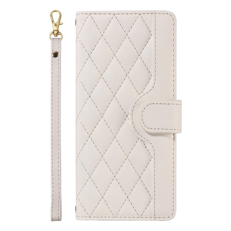 For Google Pixel 9 Pro XL Case Wallet Rhombus Leather Phone Cover with Shoulder Strap, Wrist Strap - White