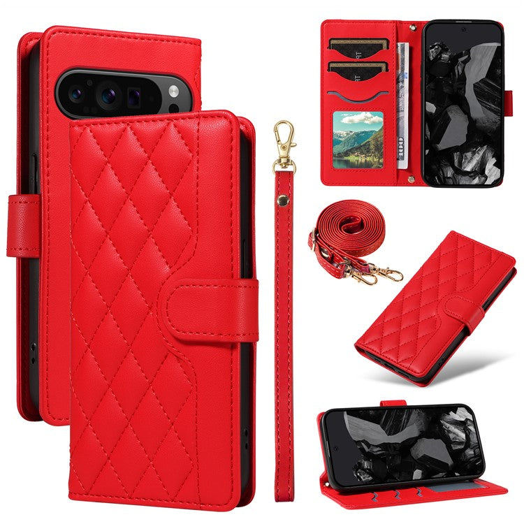 For Google Pixel 9 Pro XL Case Wallet Rhombus Leather Phone Cover with Shoulder Strap, Wrist Strap - Red