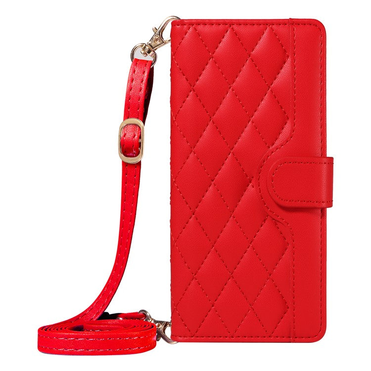 For Google Pixel 9 Pro XL Case Wallet Rhombus Leather Phone Cover with Shoulder Strap, Wrist Strap - Red