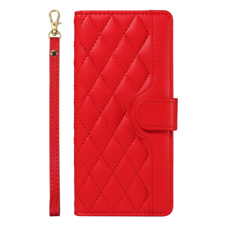 For Google Pixel 9 Pro XL Case Wallet Rhombus Leather Phone Cover with Shoulder Strap, Wrist Strap - Red