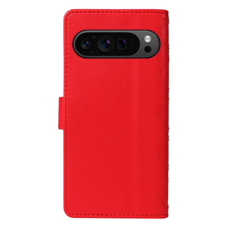 For Google Pixel 9 Pro XL Case Wallet Rhombus Leather Phone Cover with Shoulder Strap, Wrist Strap - Red