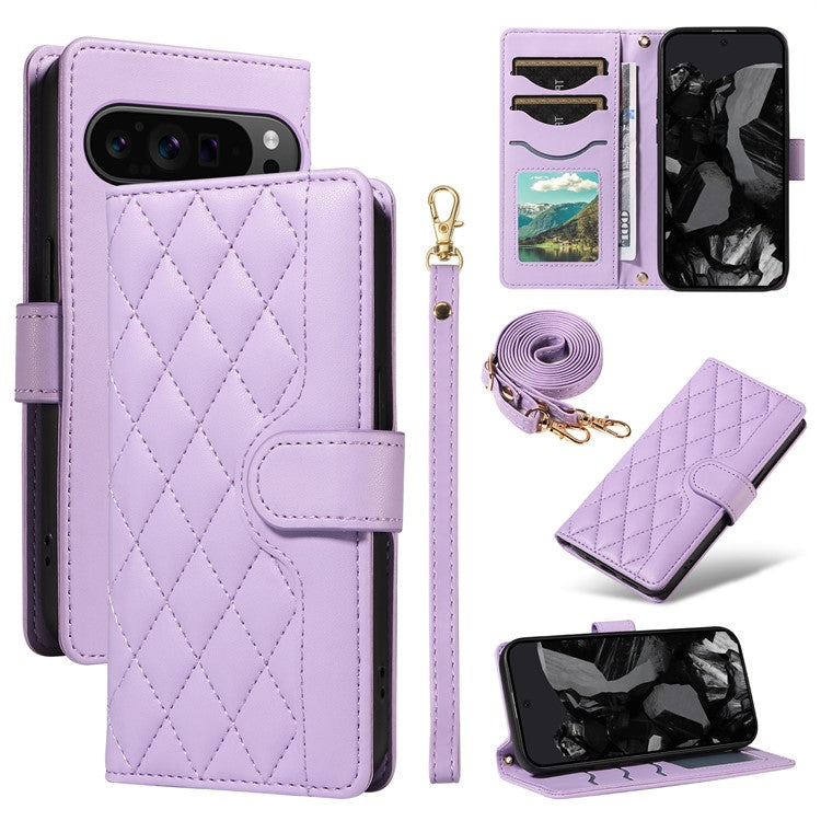 For Google Pixel 9 Pro XL Case Wallet Rhombus Leather Phone Cover with Shoulder Strap, Wrist Strap - Light Purple