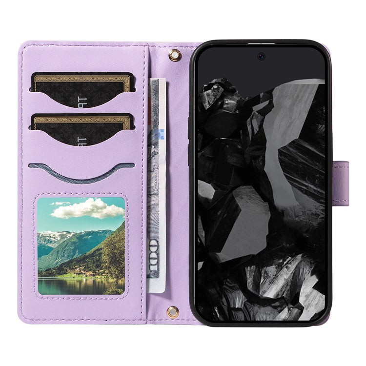 For Google Pixel 9 Pro XL Case Wallet Rhombus Leather Phone Cover with Shoulder Strap, Wrist Strap - Light Purple