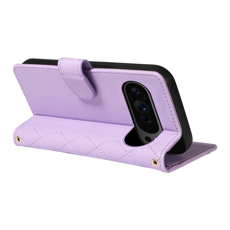 For Google Pixel 9 Pro XL Case Wallet Rhombus Leather Phone Cover with Shoulder Strap, Wrist Strap - Light Purple