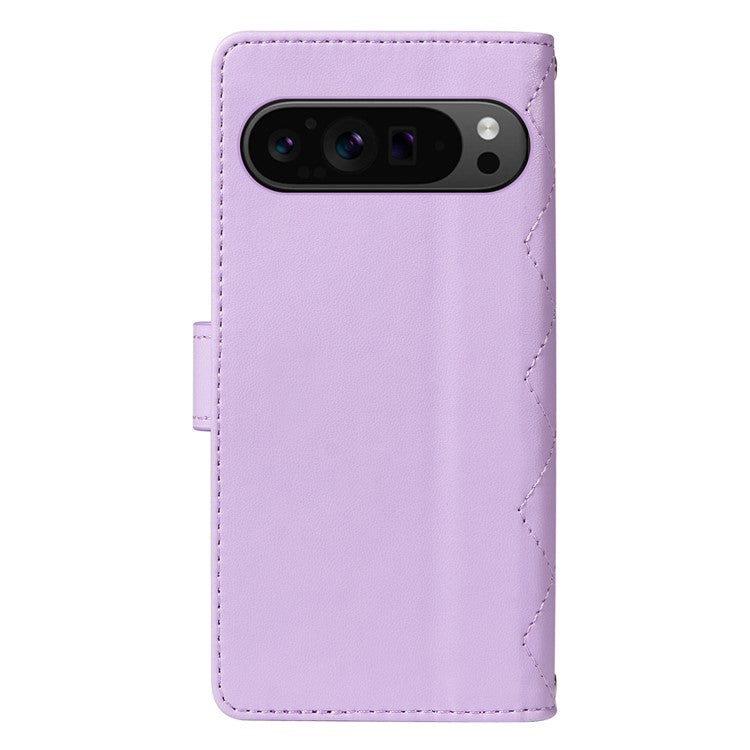 For Google Pixel 9 Pro XL Case Wallet Rhombus Leather Phone Cover with Shoulder Strap, Wrist Strap - Light Purple