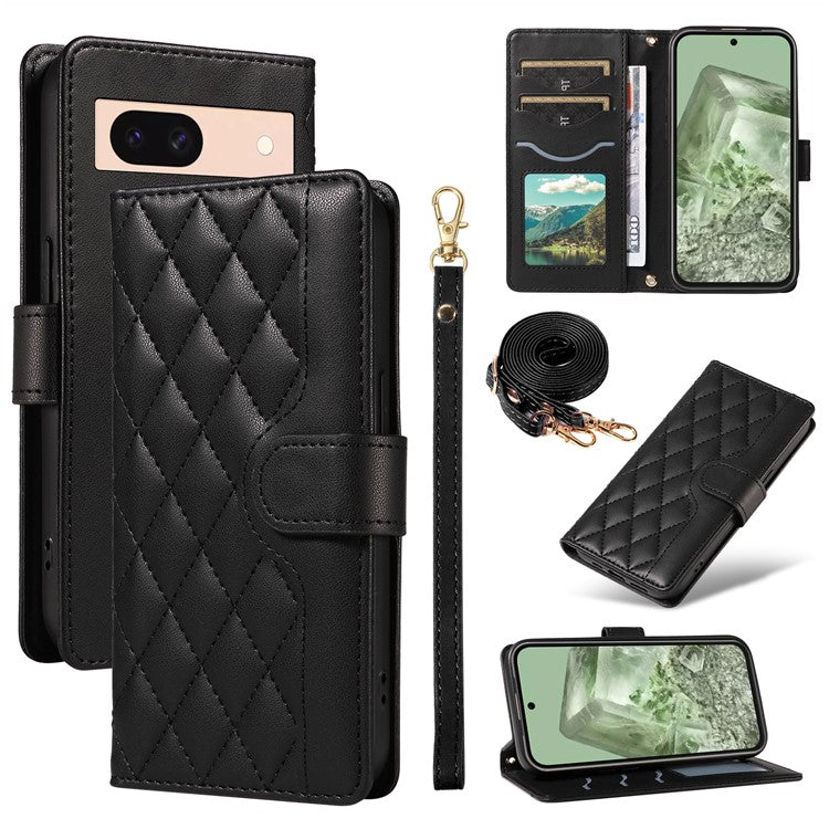 For Google Pixel 8 Case Wallet Rhombus Leather Phone Cover with Shoulder Strap, Wrist Strap - Black