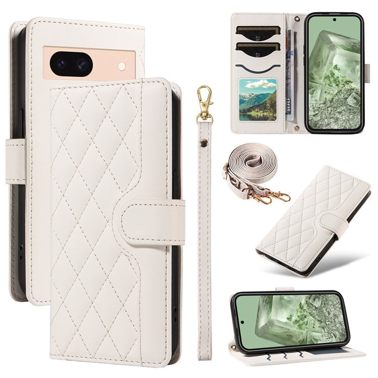 For Google Pixel 8 Case Wallet Rhombus Leather Phone Cover with Shoulder Strap, Wrist Strap - White