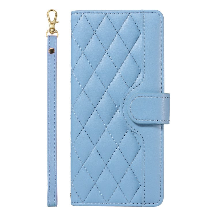 For Google Pixel 8 Case Wallet Rhombus Leather Phone Cover with Shoulder Strap, Wrist Strap - Blue