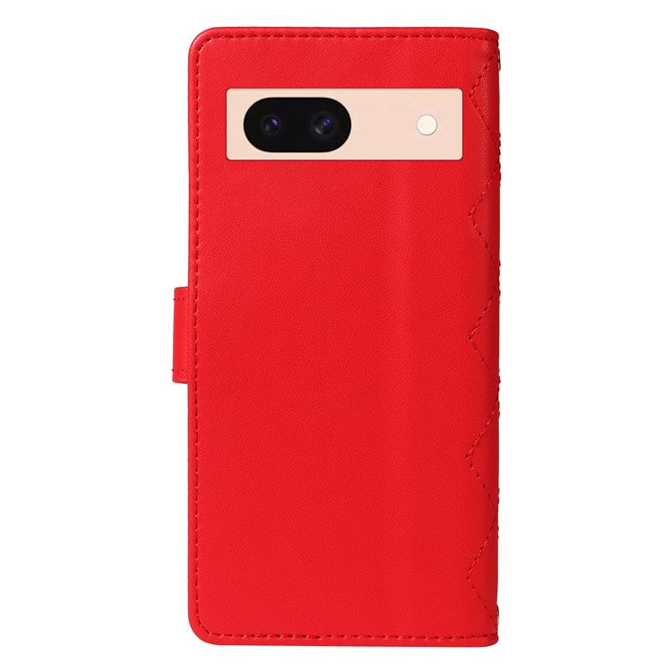 For Google Pixel 8 Case Wallet Rhombus Leather Phone Cover with Shoulder Strap, Wrist Strap - Red