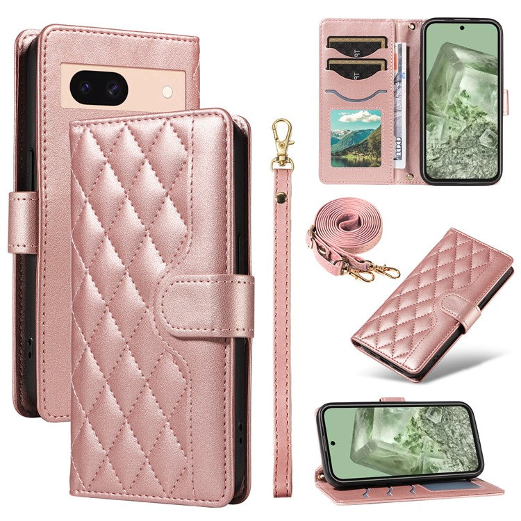 For Google Pixel 8 Case Wallet Rhombus Leather Phone Cover with Shoulder Strap, Wrist Strap - Rose Gold