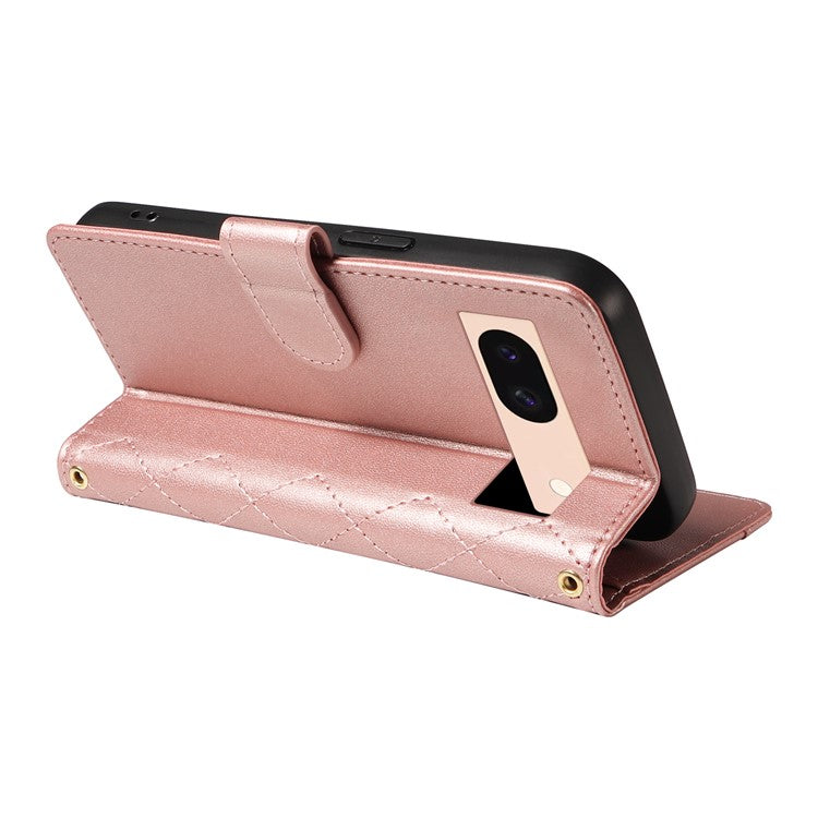 For Google Pixel 8 Case Wallet Rhombus Leather Phone Cover with Shoulder Strap, Wrist Strap - Rose Gold