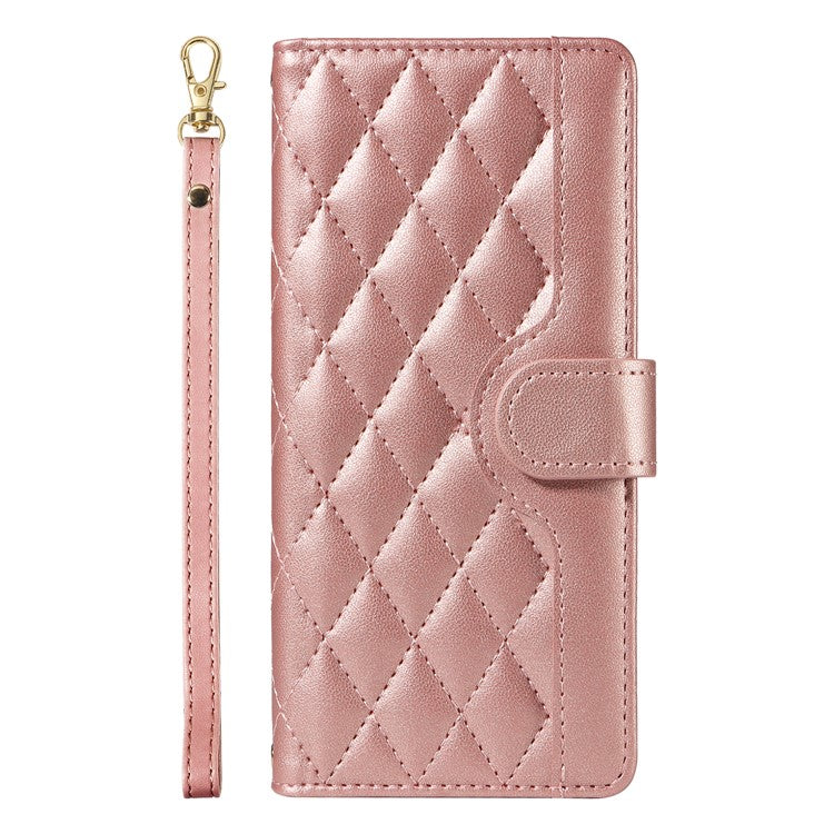 For Google Pixel 8 Case Wallet Rhombus Leather Phone Cover with Shoulder Strap, Wrist Strap - Rose Gold