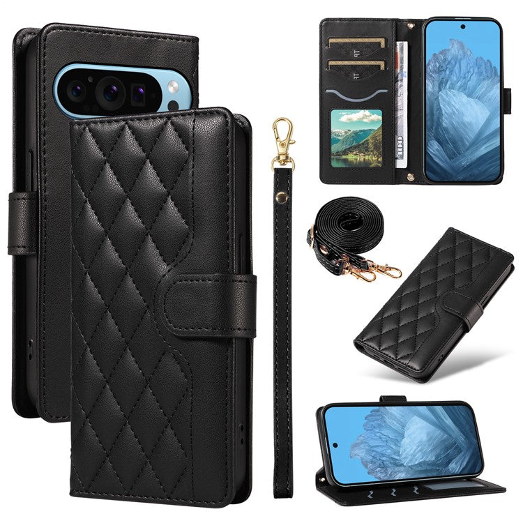 For Google Pixel 9 / Pixel 9 Pro Case Wallet Rhombus Leather Phone Cover with Shoulder Strap, Wrist Strap - Black