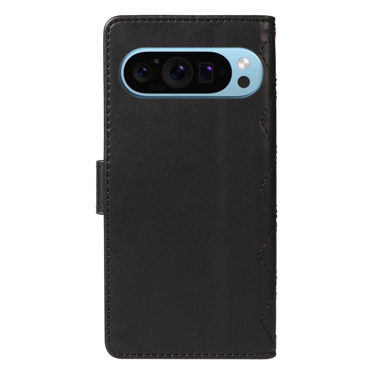 For Google Pixel 9 / Pixel 9 Pro Case Wallet Rhombus Leather Phone Cover with Shoulder Strap, Wrist Strap - Black