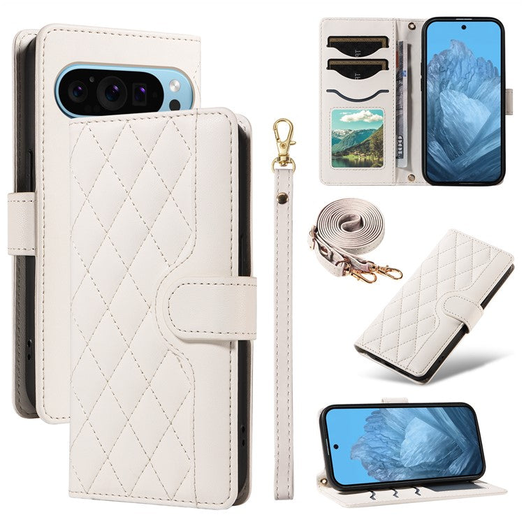 For Google Pixel 9 / Pixel 9 Pro Case Wallet Rhombus Leather Phone Cover with Shoulder Strap, Wrist Strap - White