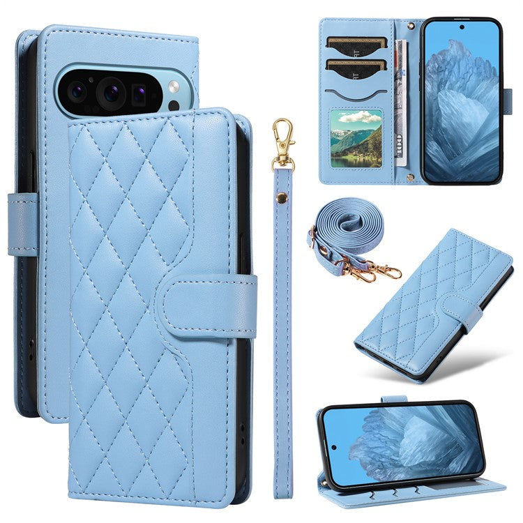 For Google Pixel 9 / Pixel 9 Pro Case Wallet Rhombus Leather Phone Cover with Shoulder Strap, Wrist Strap - Blue