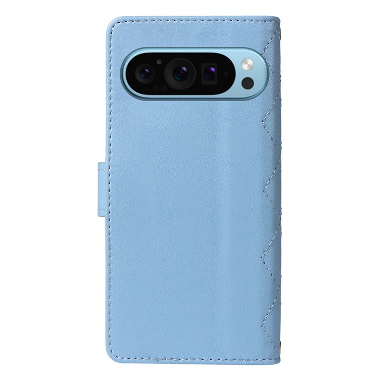 For Google Pixel 9 / Pixel 9 Pro Case Wallet Rhombus Leather Phone Cover with Shoulder Strap, Wrist Strap - Blue