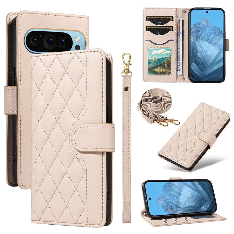 For Google Pixel 9 / Pixel 9 Pro Case Wallet Rhombus Leather Phone Cover with Shoulder Strap, Wrist Strap - Apricot