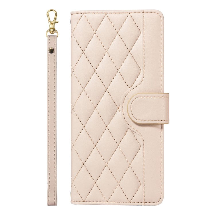 For Google Pixel 9 / Pixel 9 Pro Case Wallet Rhombus Leather Phone Cover with Shoulder Strap, Wrist Strap - Apricot