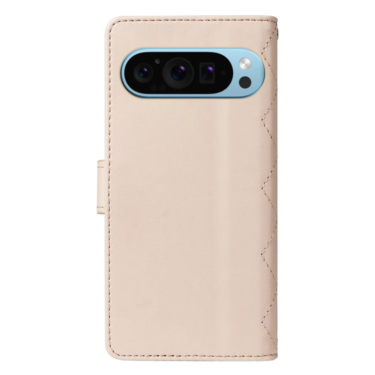 For Google Pixel 9 / Pixel 9 Pro Case Wallet Rhombus Leather Phone Cover with Shoulder Strap, Wrist Strap - Apricot