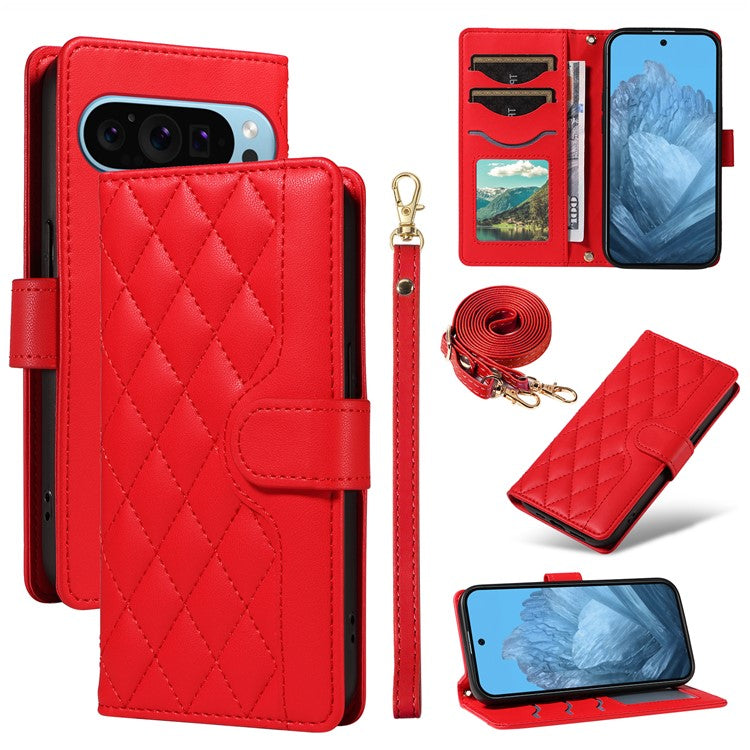 For Google Pixel 9 / Pixel 9 Pro Case Wallet Rhombus Leather Phone Cover with Shoulder Strap, Wrist Strap - Red