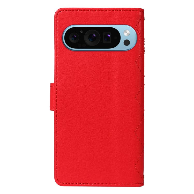 For Google Pixel 9 / Pixel 9 Pro Case Wallet Rhombus Leather Phone Cover with Shoulder Strap, Wrist Strap - Red