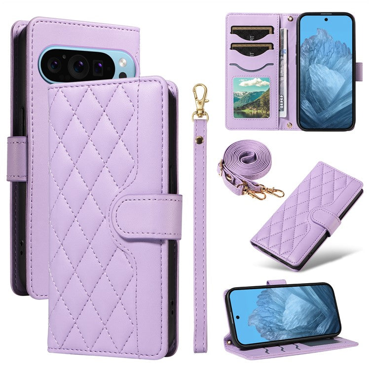 For Google Pixel 9 / Pixel 9 Pro Case Wallet Rhombus Leather Phone Cover with Shoulder Strap, Wrist Strap - Light Purple