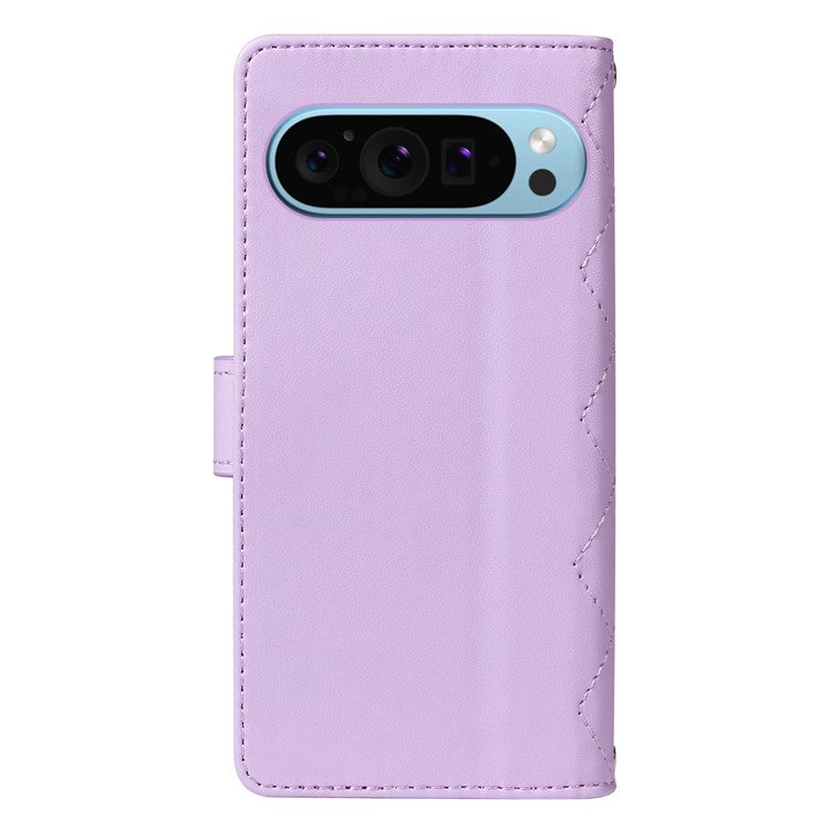 For Google Pixel 9 / Pixel 9 Pro Case Wallet Rhombus Leather Phone Cover with Shoulder Strap, Wrist Strap - Light Purple