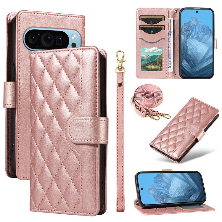 For Google Pixel 9 / Pixel 9 Pro Case Wallet Rhombus Leather Phone Cover with Shoulder Strap, Wrist Strap - Rose Gold