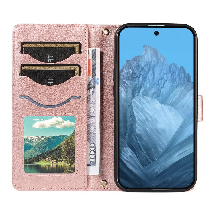 For Google Pixel 9 / Pixel 9 Pro Case Wallet Rhombus Leather Phone Cover with Shoulder Strap, Wrist Strap - Rose Gold